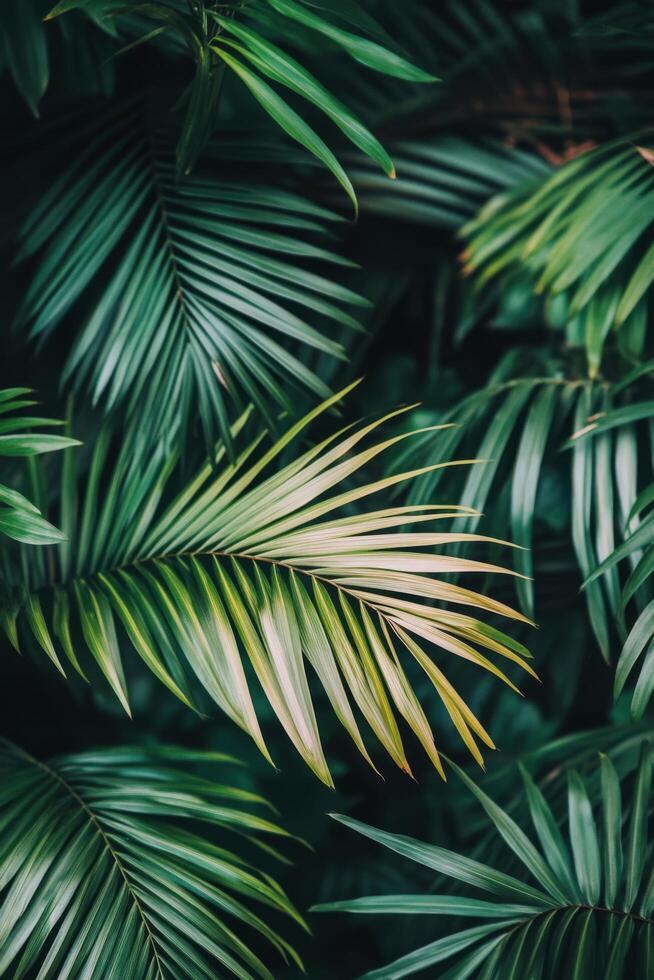 Lush green palm leaves arranged naturally in a tropical setting during daylight hours photo