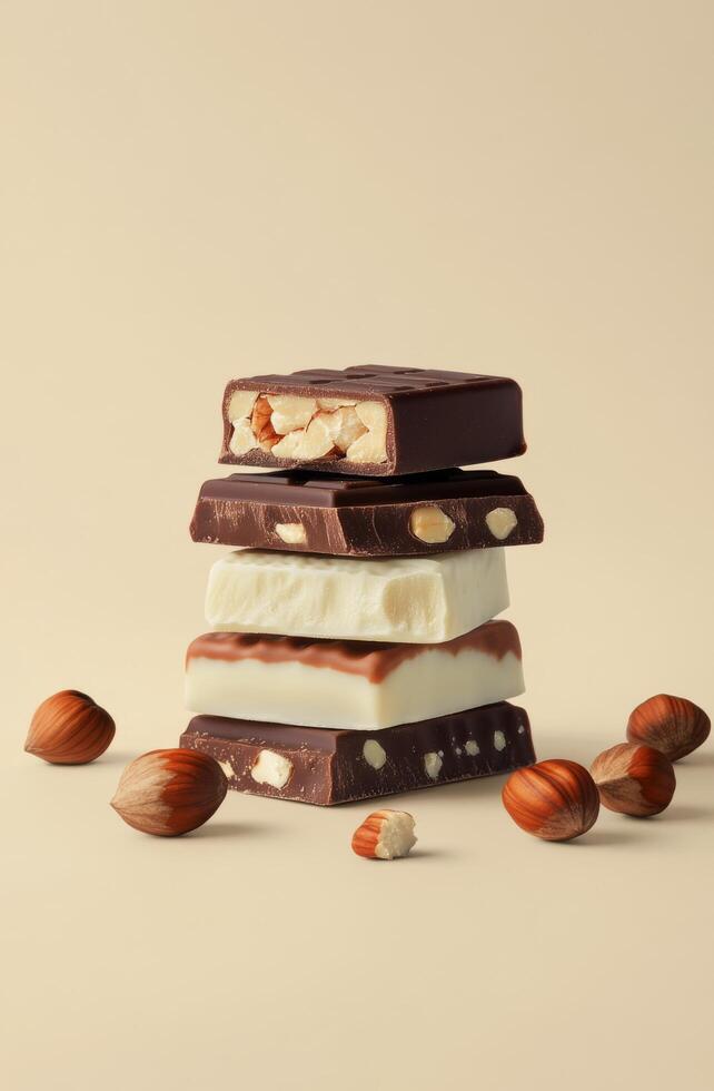 Delicious assortment of chocolate and hazelnuts arranged artistically for dessert lovers photo