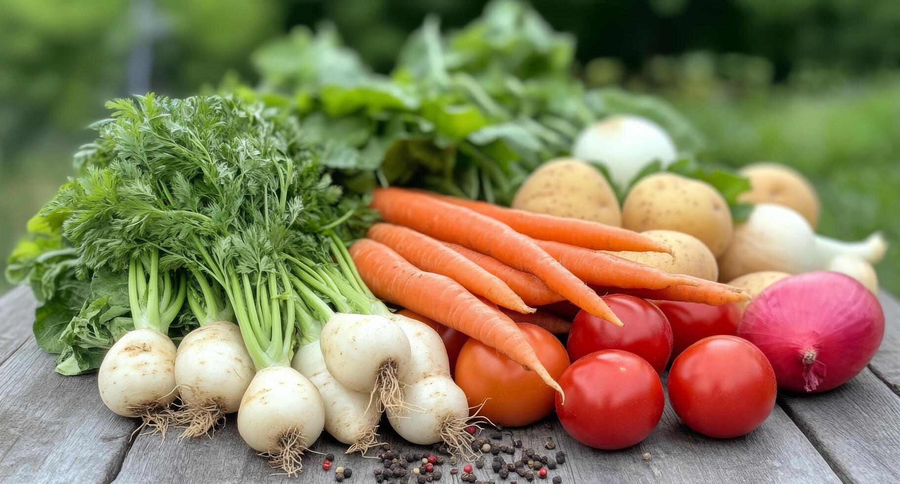 Fresh vegetables laid out on a wooden table in a green garden during daylight photo