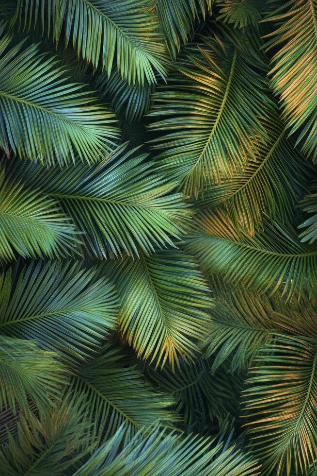 Lush green palm leaves arranged naturally in a tropical setting during daylight hours photo