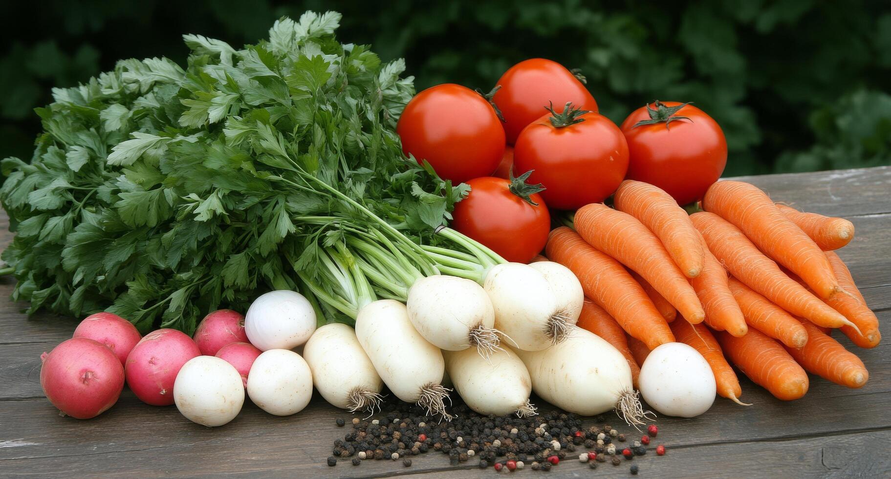 Fresh vegetables laid out on a wooden table in a green garden during daylight photo