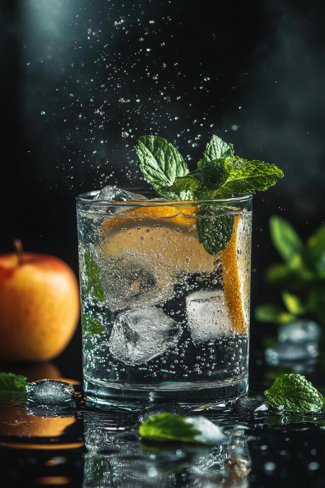 Refreshing drink with lemon and mint beside a fresh apple on a dark background photo
