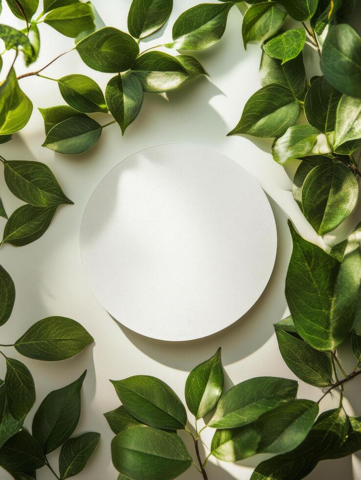 Circular blank space surrounded by fresh green leaves on a light background in a creative setting photo