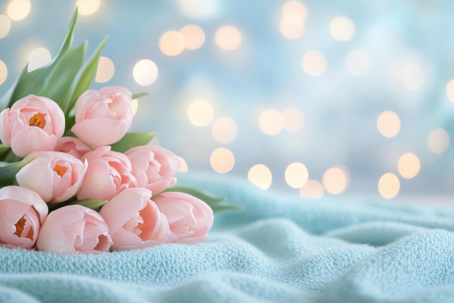 Beautiful bouquet of pink tulips on soft textured fabric with gentle bokeh lights photo