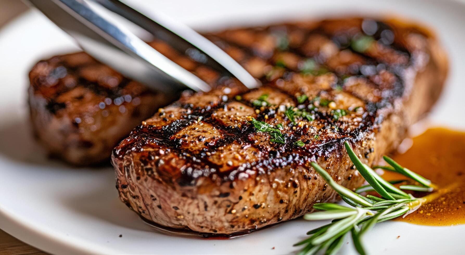 Steak cooked to perfection served with rosemary on a white plate photo