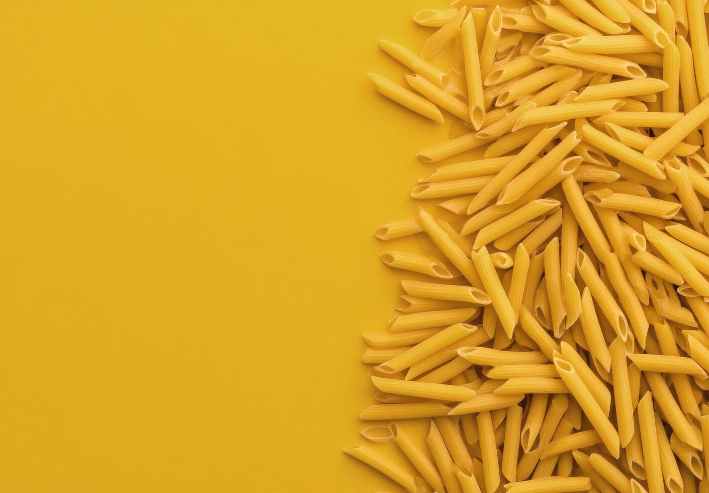 Dried yellow pasta pieces scattered on bright yellow background in a creative layout photo