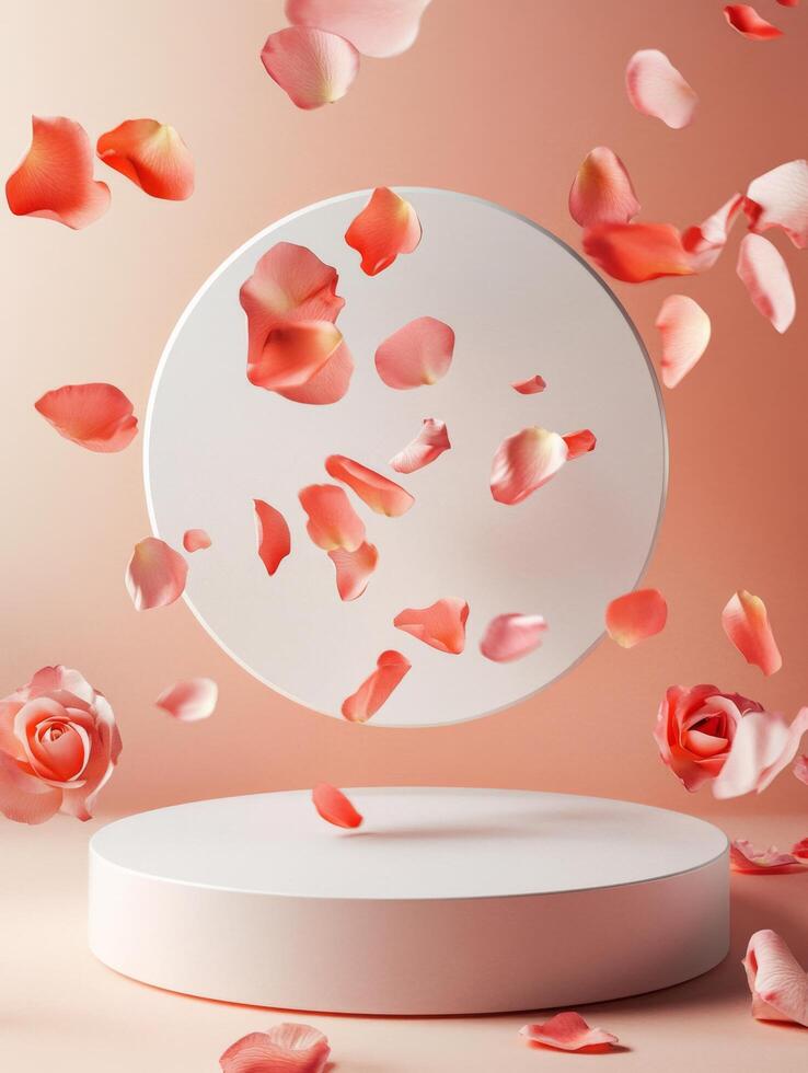 Reflection of beauty with floating pink petals against a soft backdrop photo