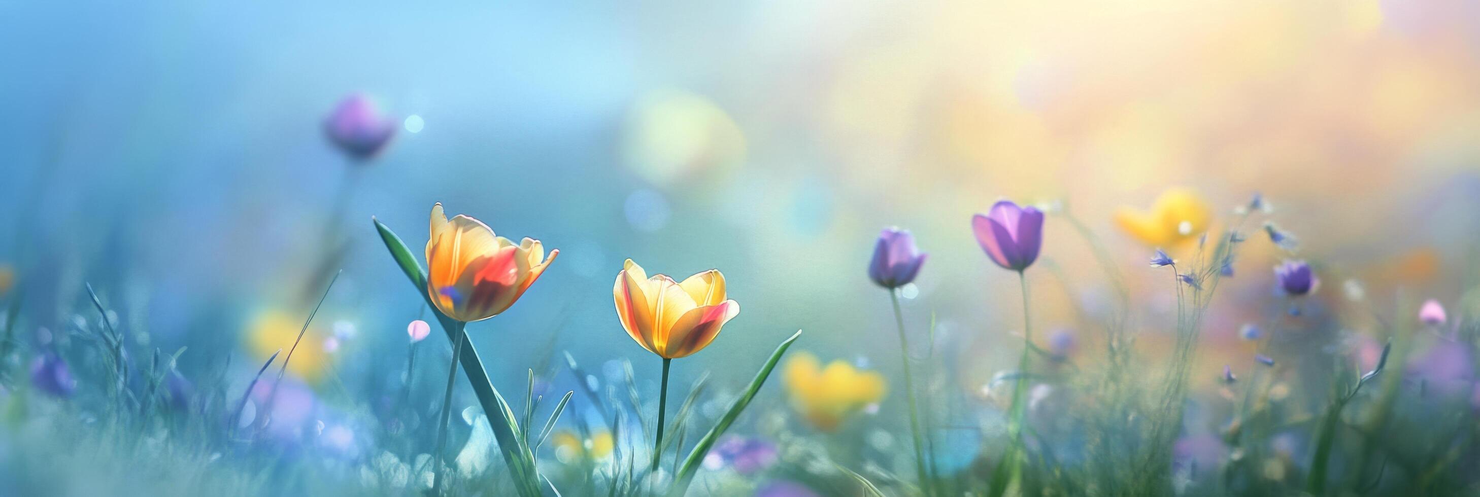Colorful tulips bloom in a serene garden under soft morning light photo