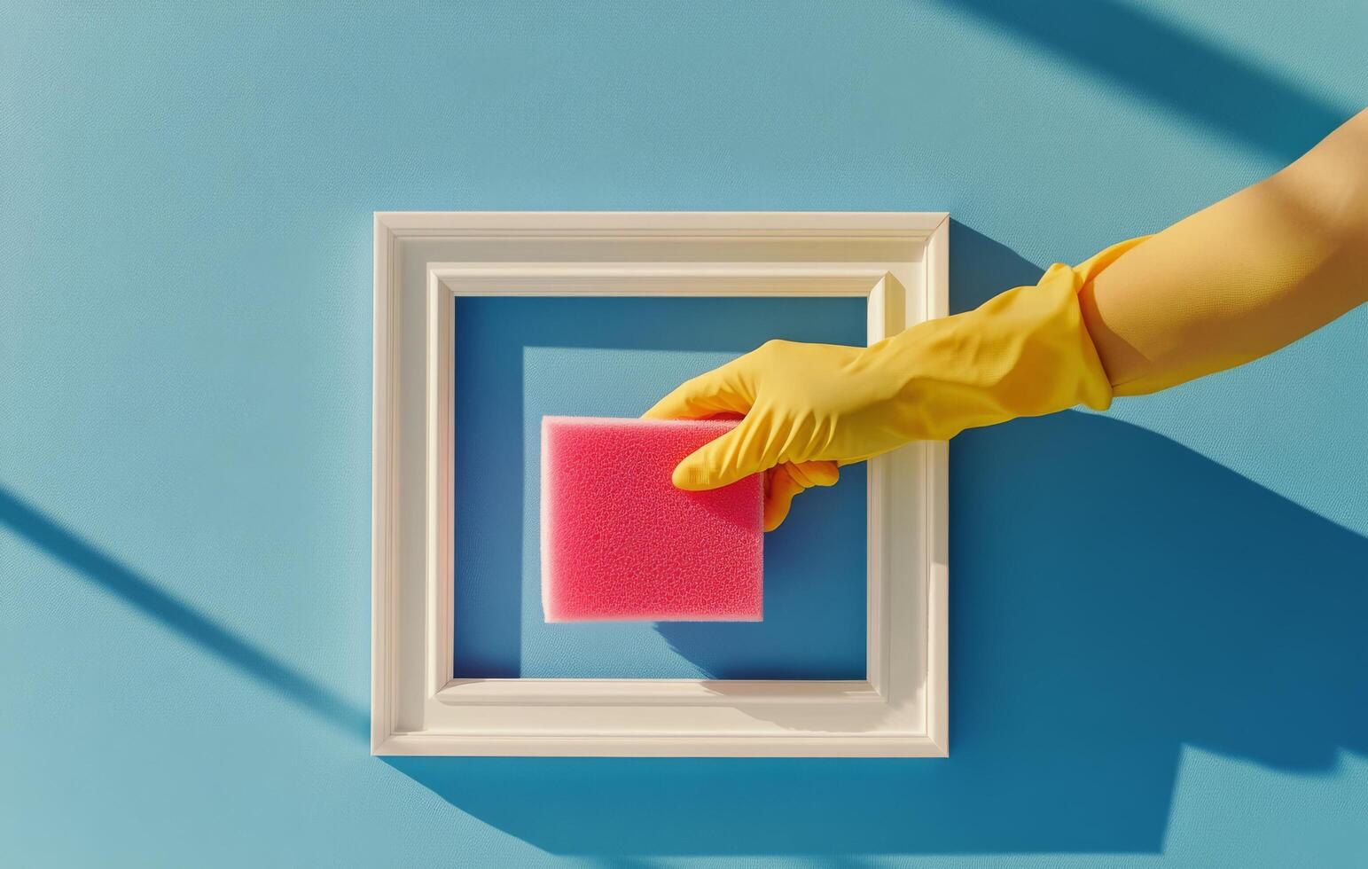 Cleaning a picture frame with a sponge against a bright blue background shows domestic upkeep photo
