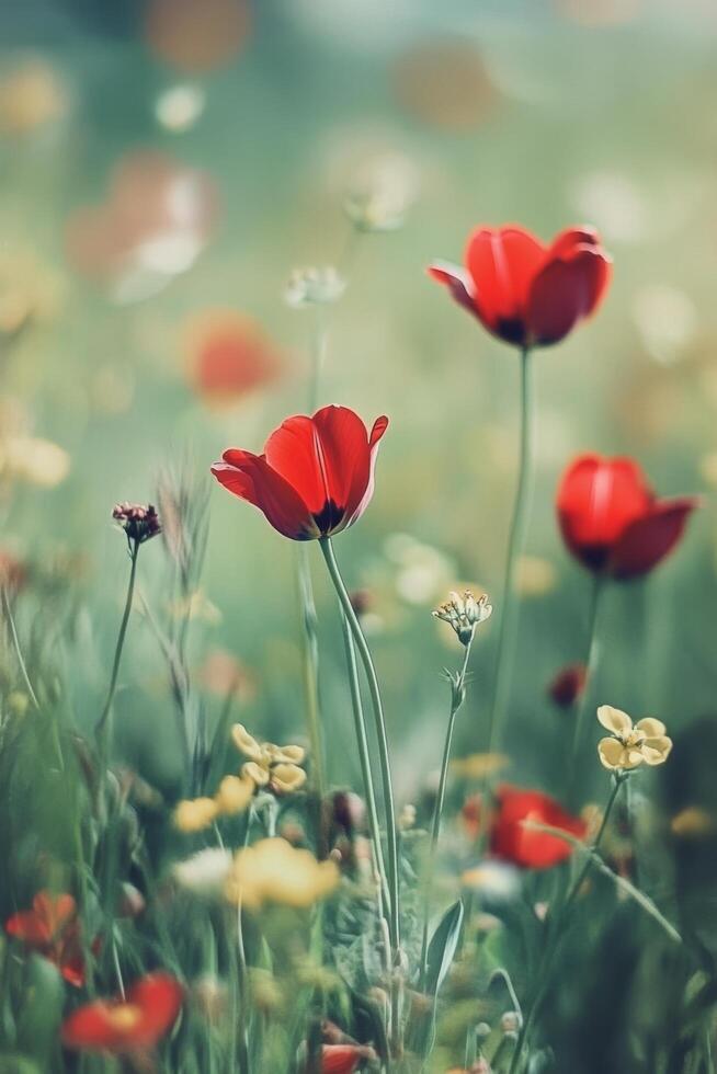Colorful tulips blooming in a field during springtime with soft lighting and gentle background photo
