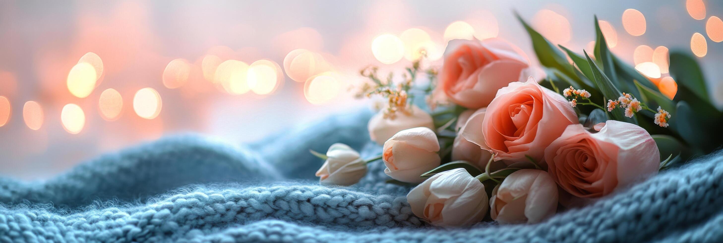 Pink and white roses resting on a cozy knitted blanket with soft blurred background lights photo