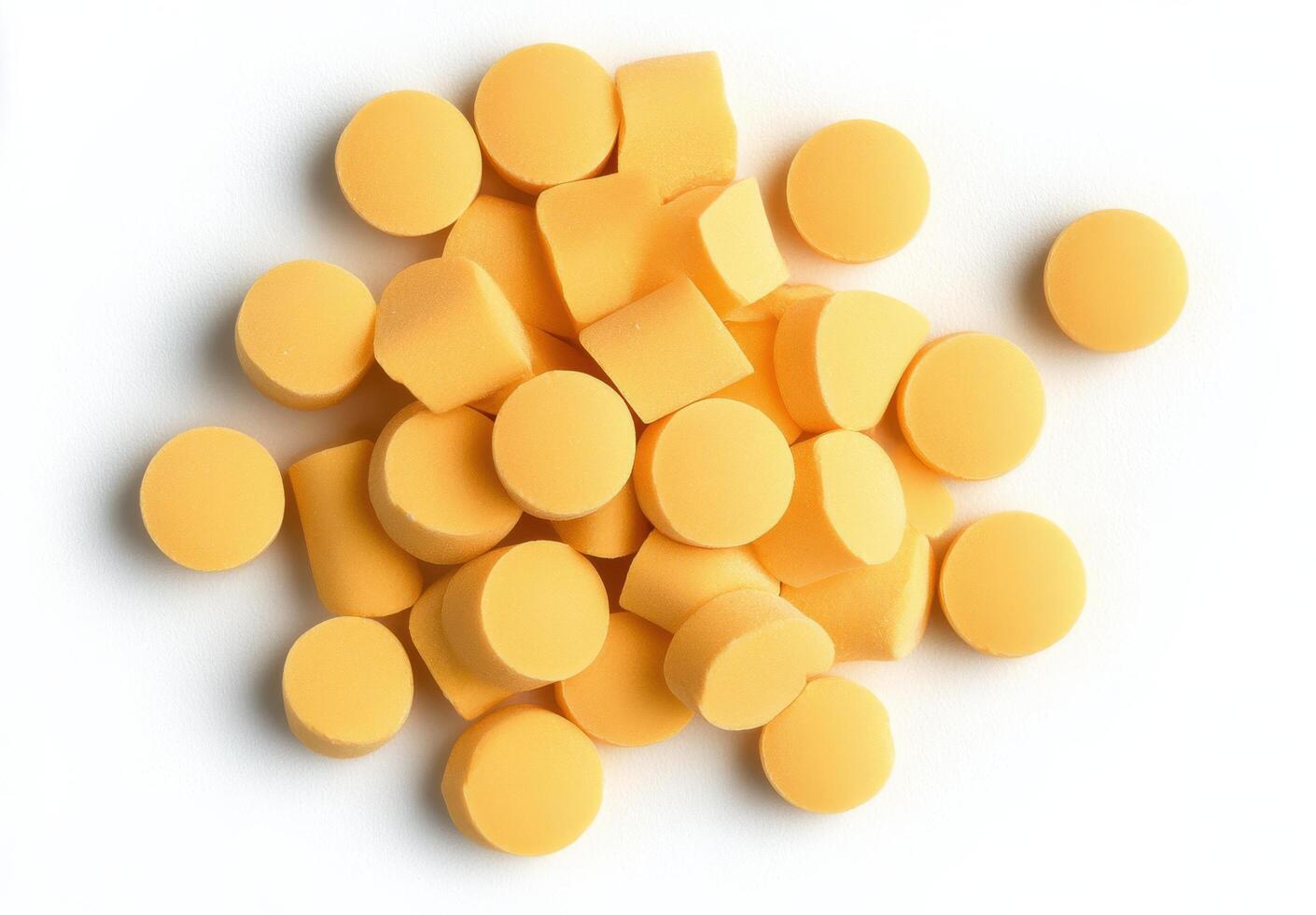 Dried yellow pasta pieces scattered on bright yellow background in a creative layout photo