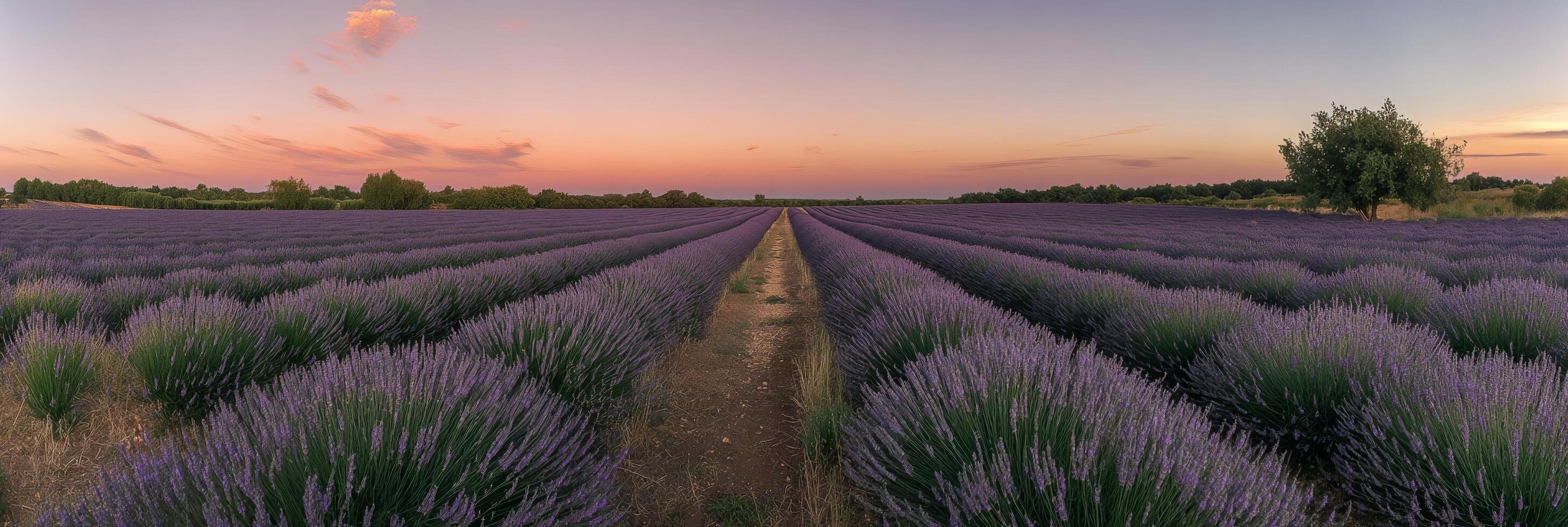 Lavender fields stretch under a colorful sunset in a serene rural landscape photo