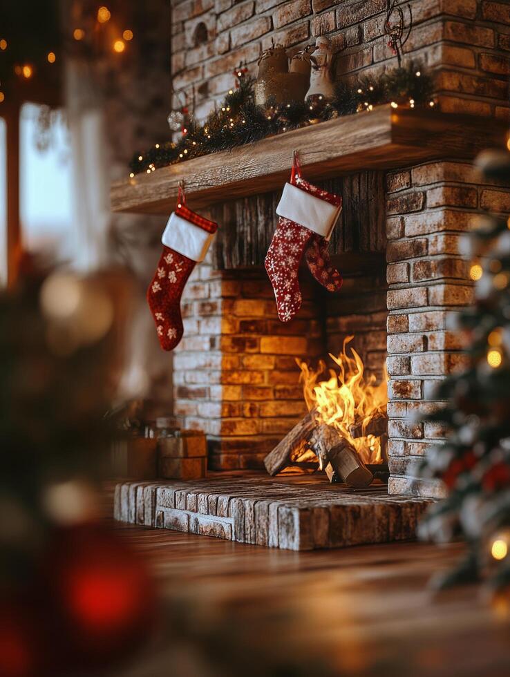 Cozy fireplace with holiday stockings and festive decorations during winter season photo