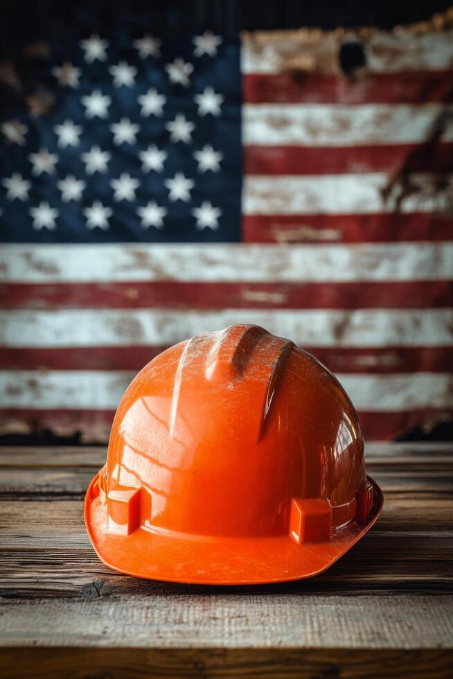 Hard hat placed on wooden surface with American flag as background in construction setting photo