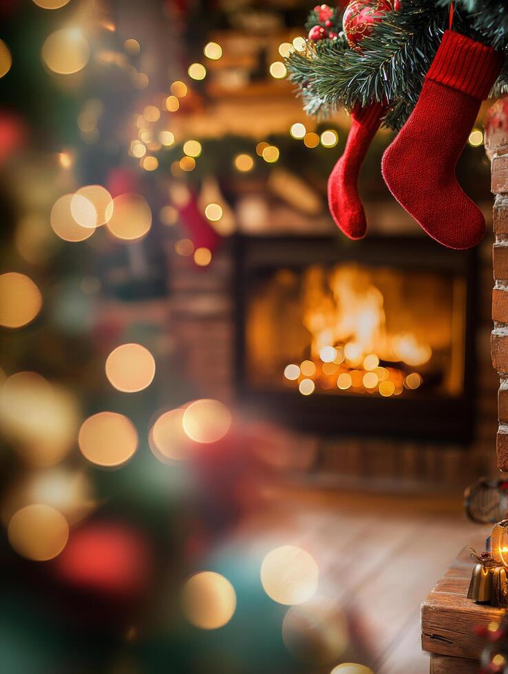 Cozy fireplace with holiday stockings and festive decorations during winter season photo