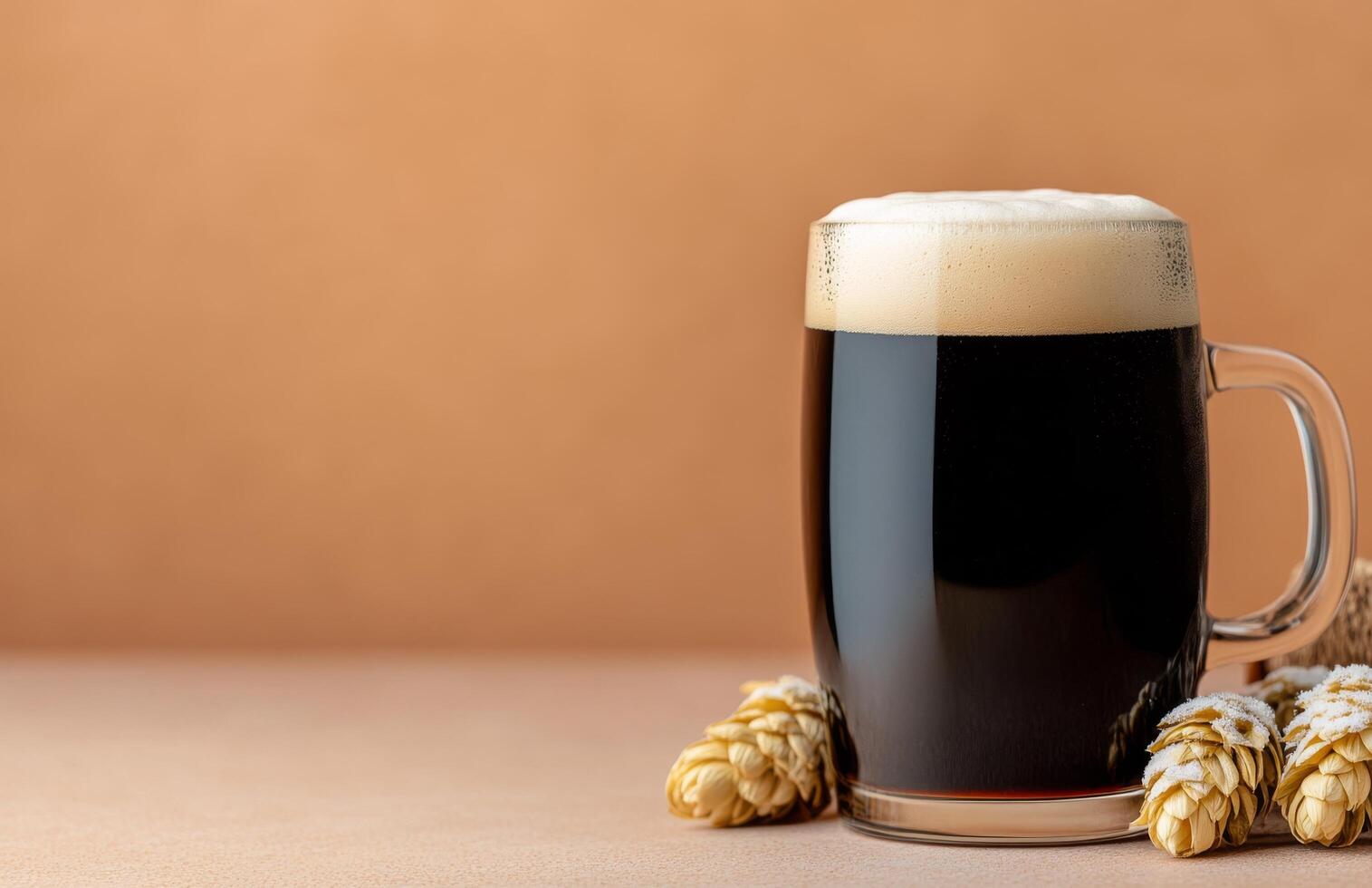 Dark beer served in a frosty mug with hops on a rustic surface photo
