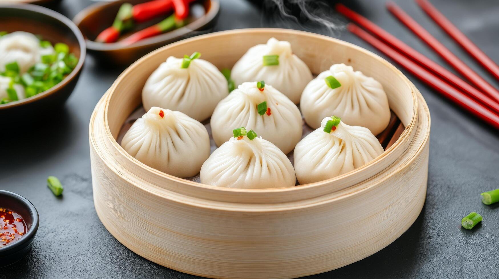 Steamed dumplings served in a bamboo basket with fresh green onions and sauces photo