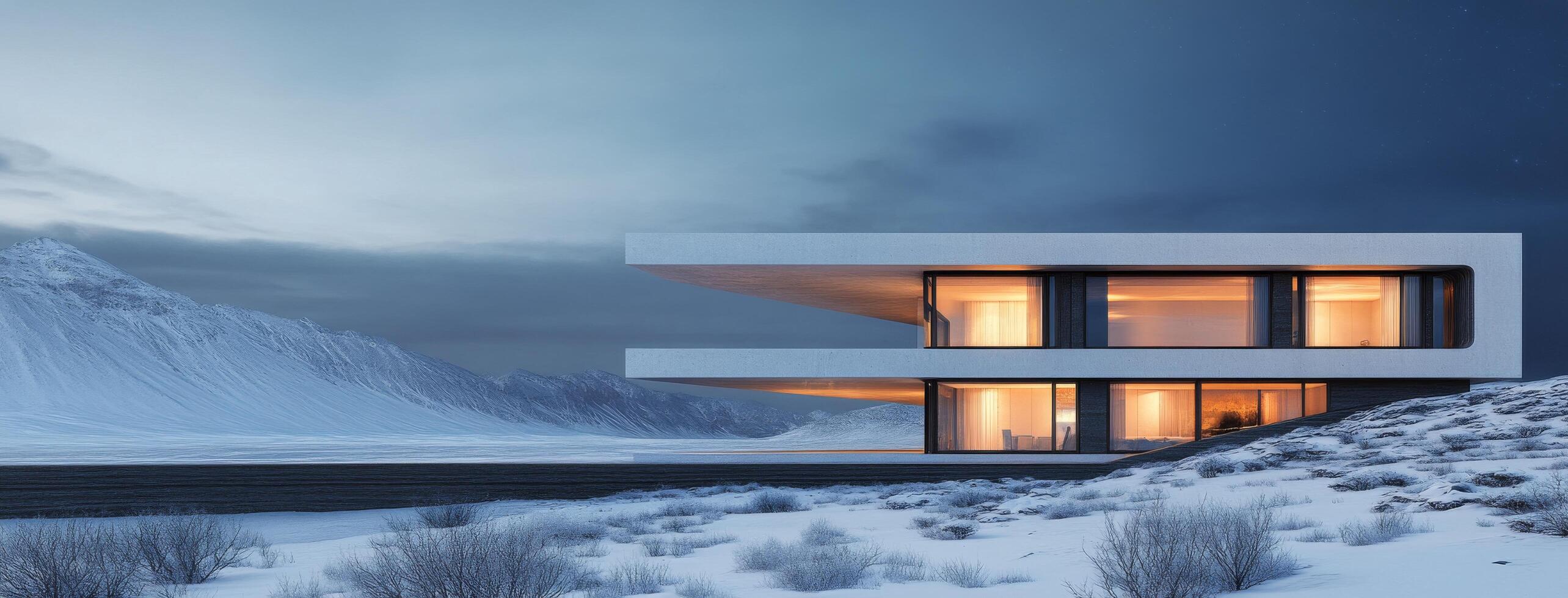 Modern house illuminated at dusk in a snowy landscape with dramatic mountains in the background photo