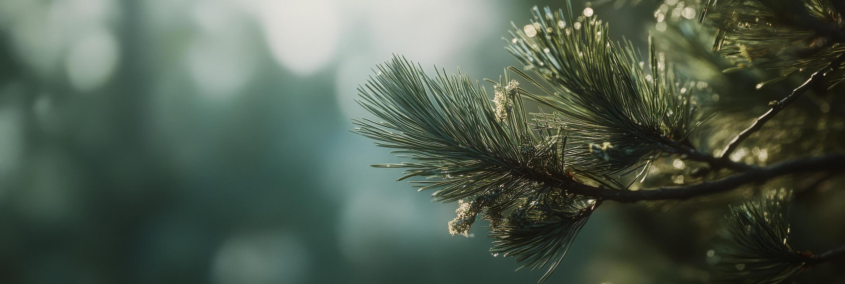 Close up of pine branches glistening in soft sunlight with blurred forest background photo