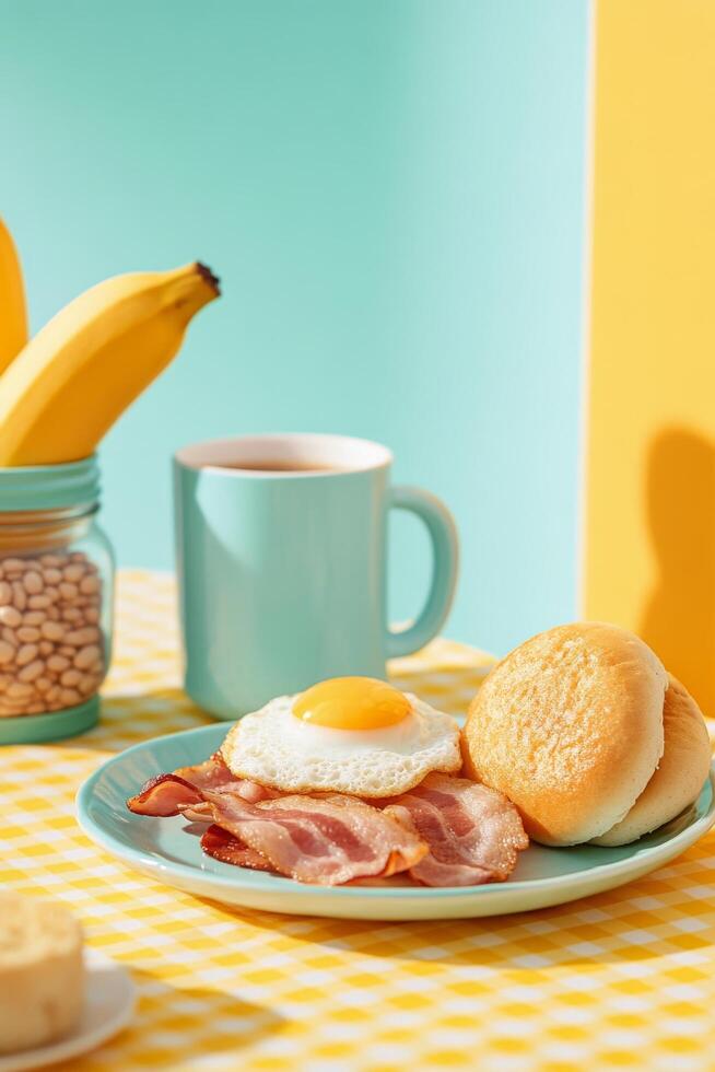 A hearty breakfast plate with fried egg, bacon, and sausage served on a colorful table photo
