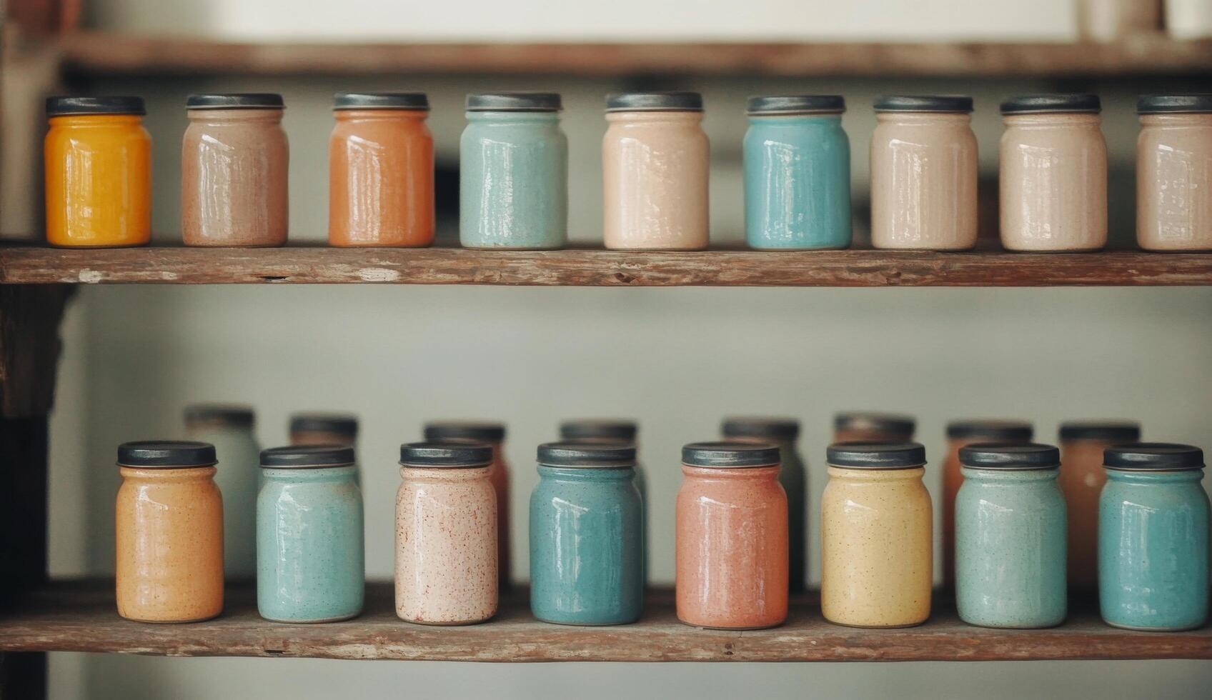 A row of colorful jars filled with paint displayed on a wooden shelf in a bright studio photo