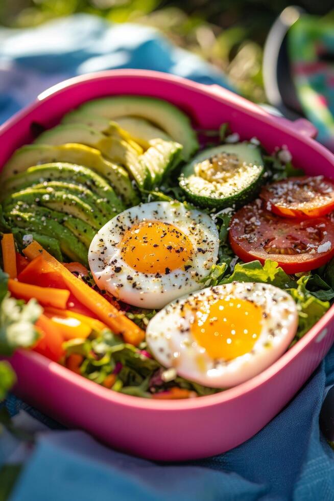 Healthy salad bowl with fresh vegetables and poached eggs on a sunny day picnic setting photo