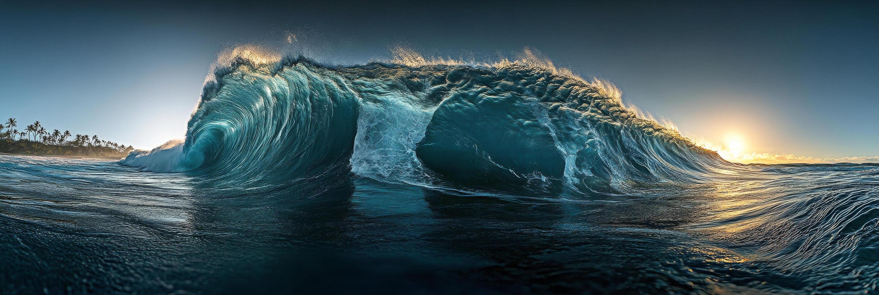 Majestic ocean wave crashing at sunset near tropical shoreline photo