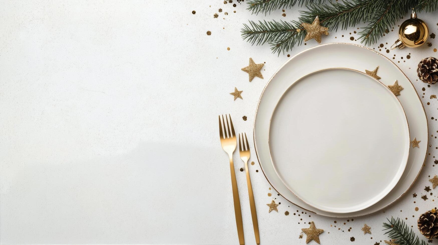Elegant holiday table setting with white plate and golden utensils on a festive background photo