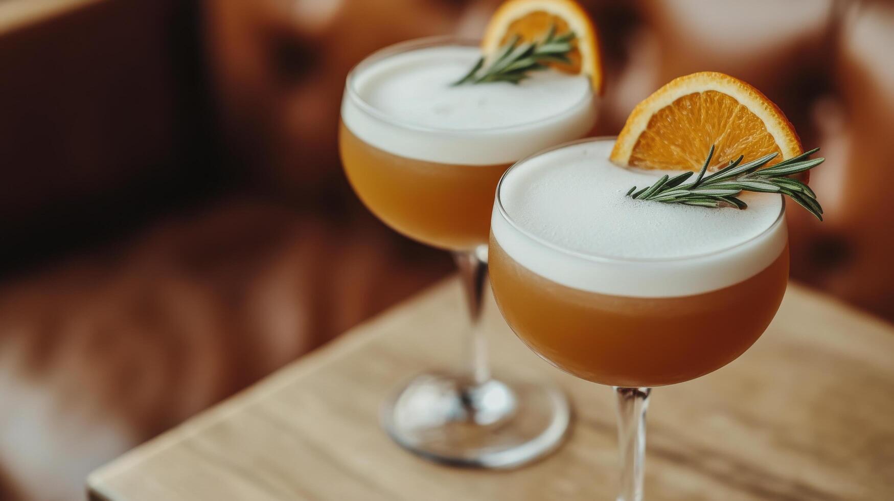 Delicious cocktails served with orange slices and herbs on a wooden table in a cozy bar setting photo