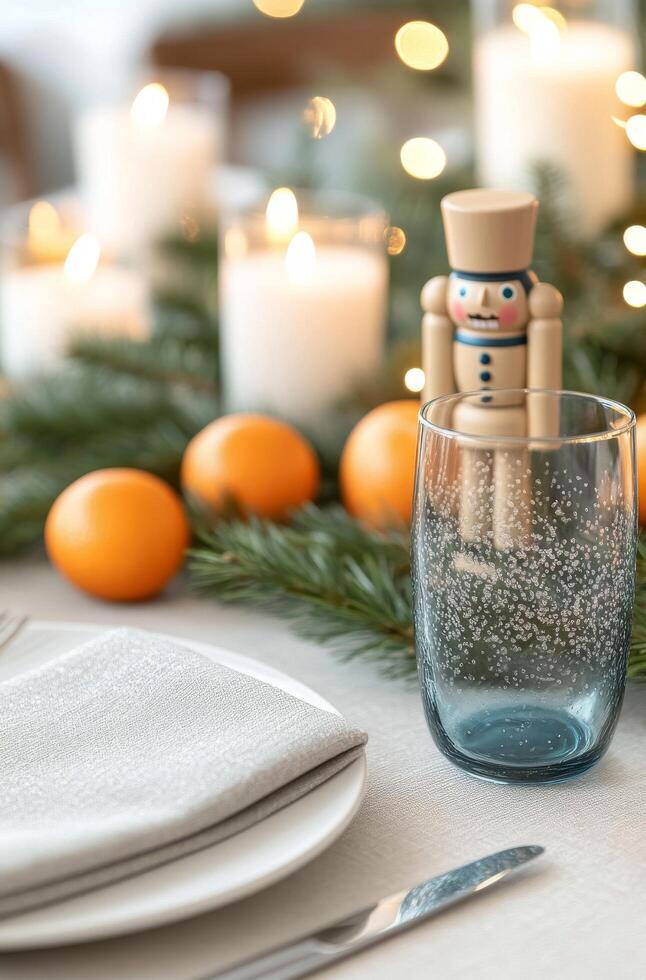 A festive table with candles, holiday decor, and a charming nutcracker on display photo
