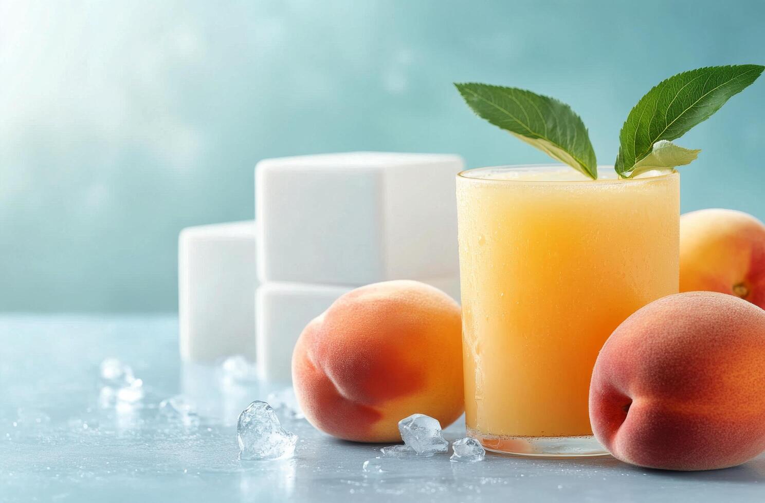 Refreshing peach juice served in a glass with fresh fruit and sugar cubes on a light background photo