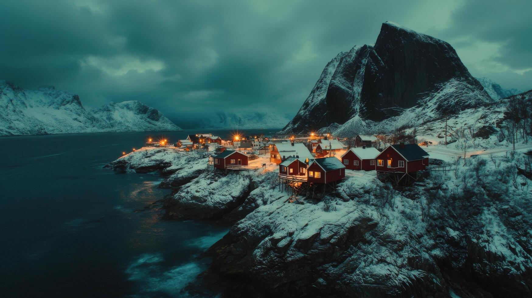 Peaceful winter evening in a picturesque snowy village by the fjord in Norway photo