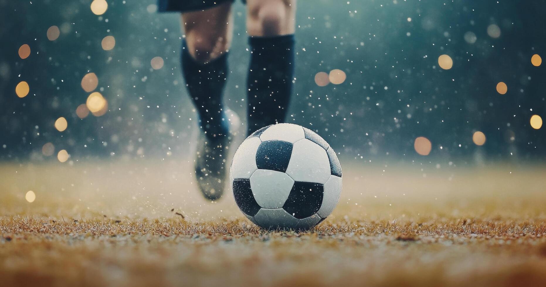 Player kicks a soccer ball on a rainy day in an outdoor field during a training session photo