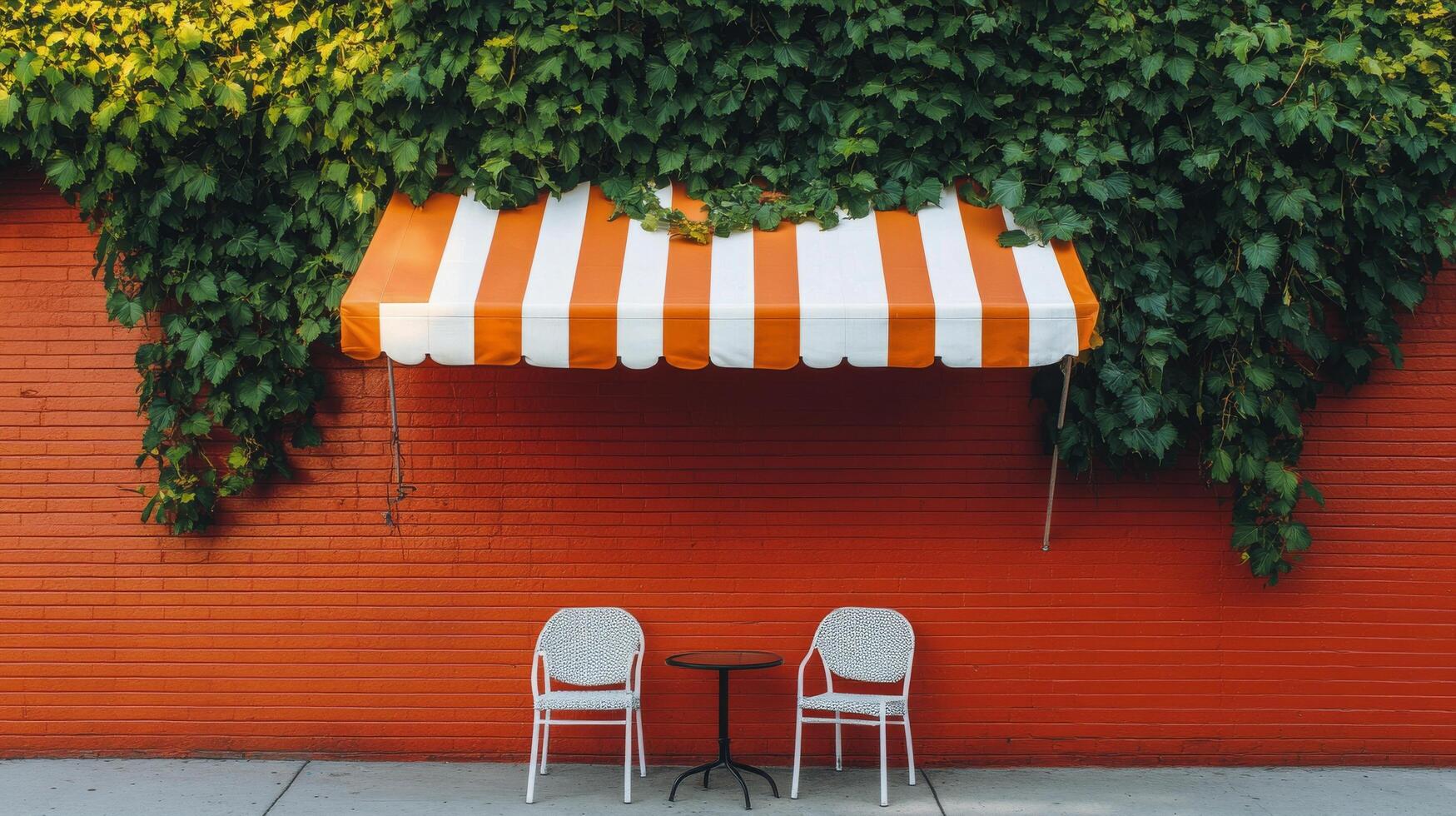 Charming outdoor cafe setting with striped awning and greenery in a vibrant urban location photo