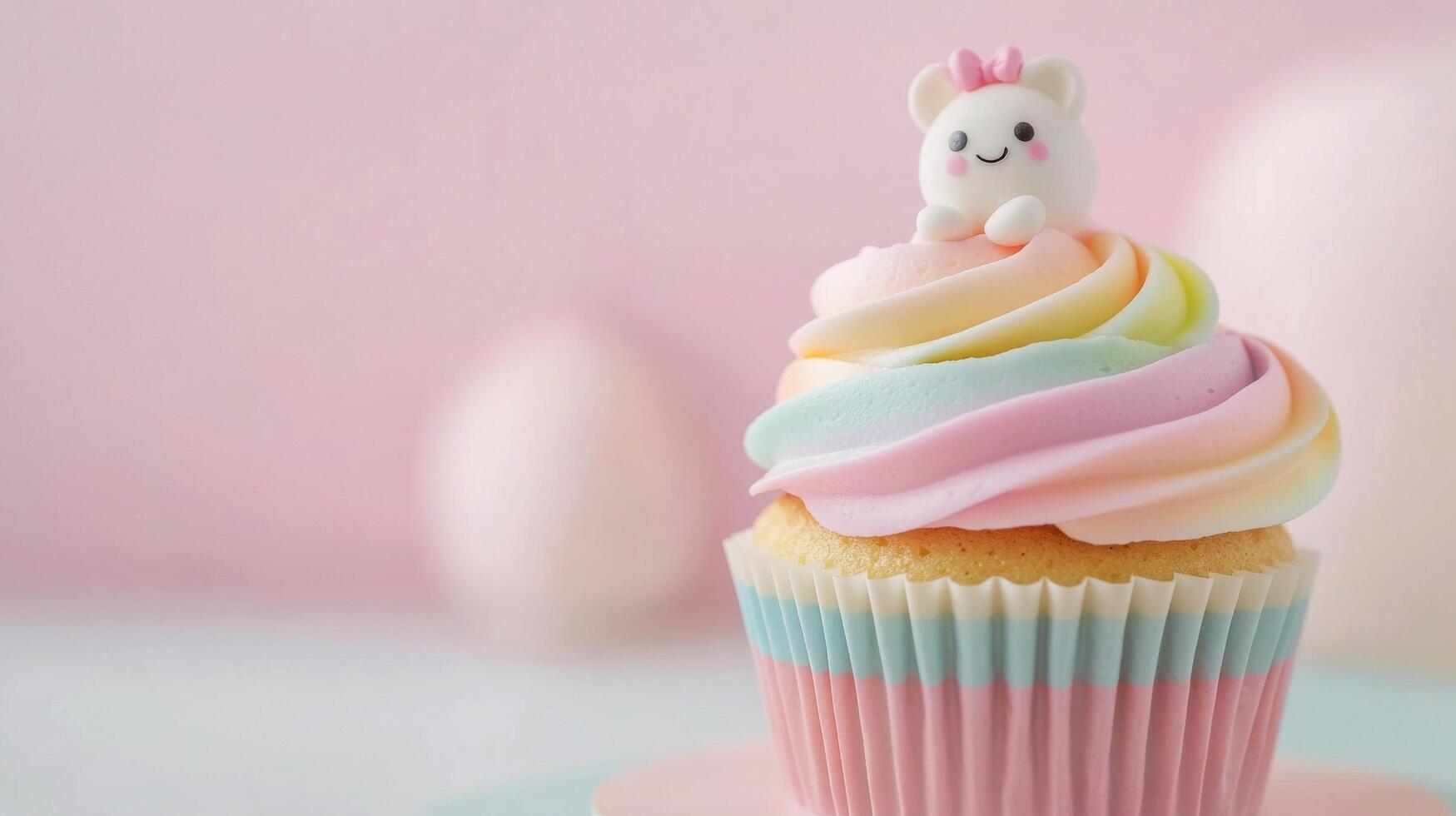 Colorful cupcake with pink frosting and decorative figure on a pastel background photo