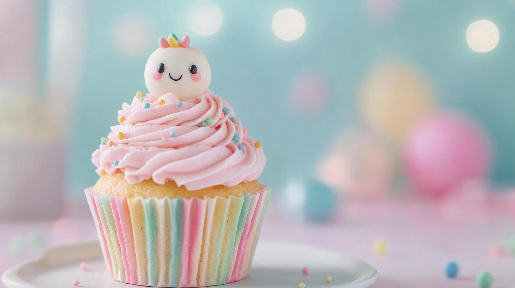 Colorful cupcake with pink frosting and decorative figure on a pastel background photo