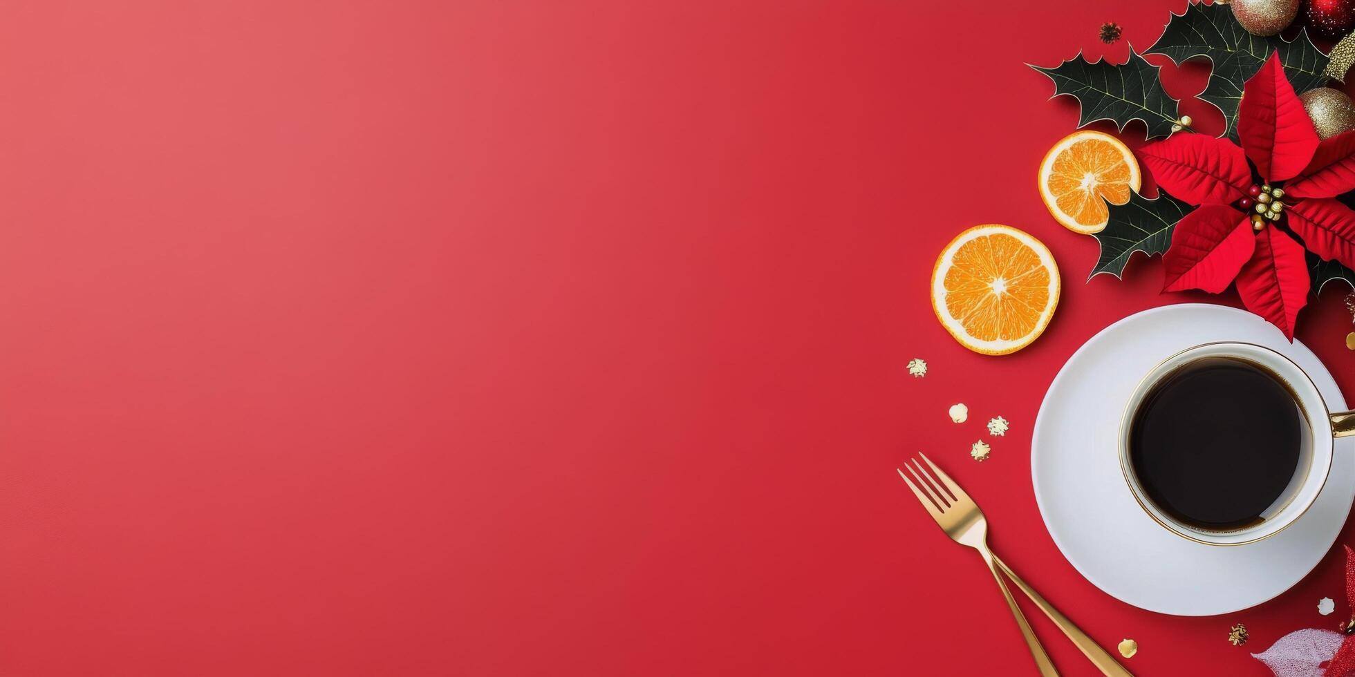 Festive holiday table setting with a red background, coffee, and seasonal decorations photo