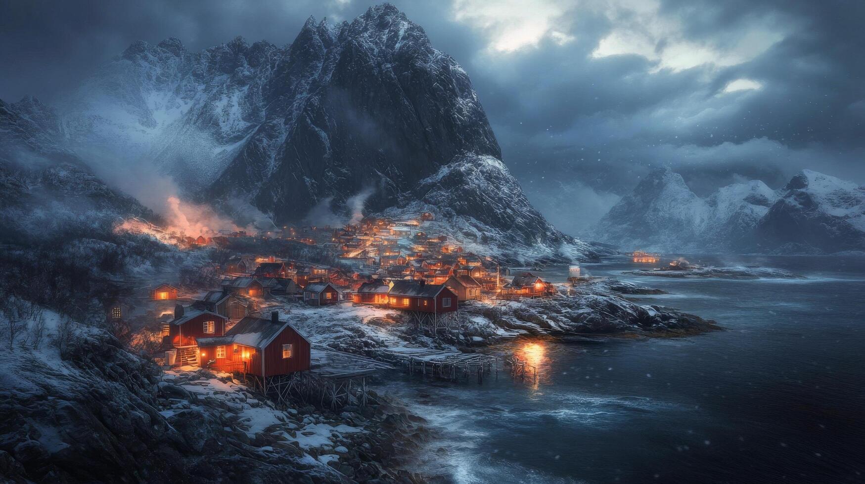 Peaceful winter evening in a picturesque snowy village by the fjord in Norway photo