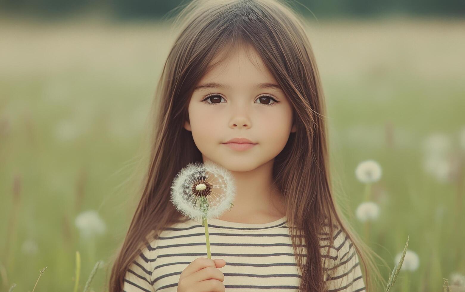 A young girl smiles while holding a dandelion in a sunlit meadow during springtime photo