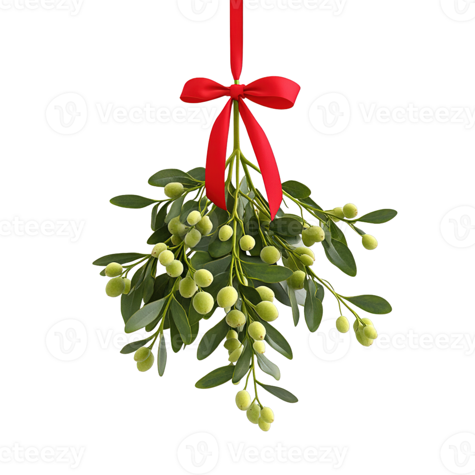 Festive holiday mistletoe sprig tied with elegant red bow isolated png