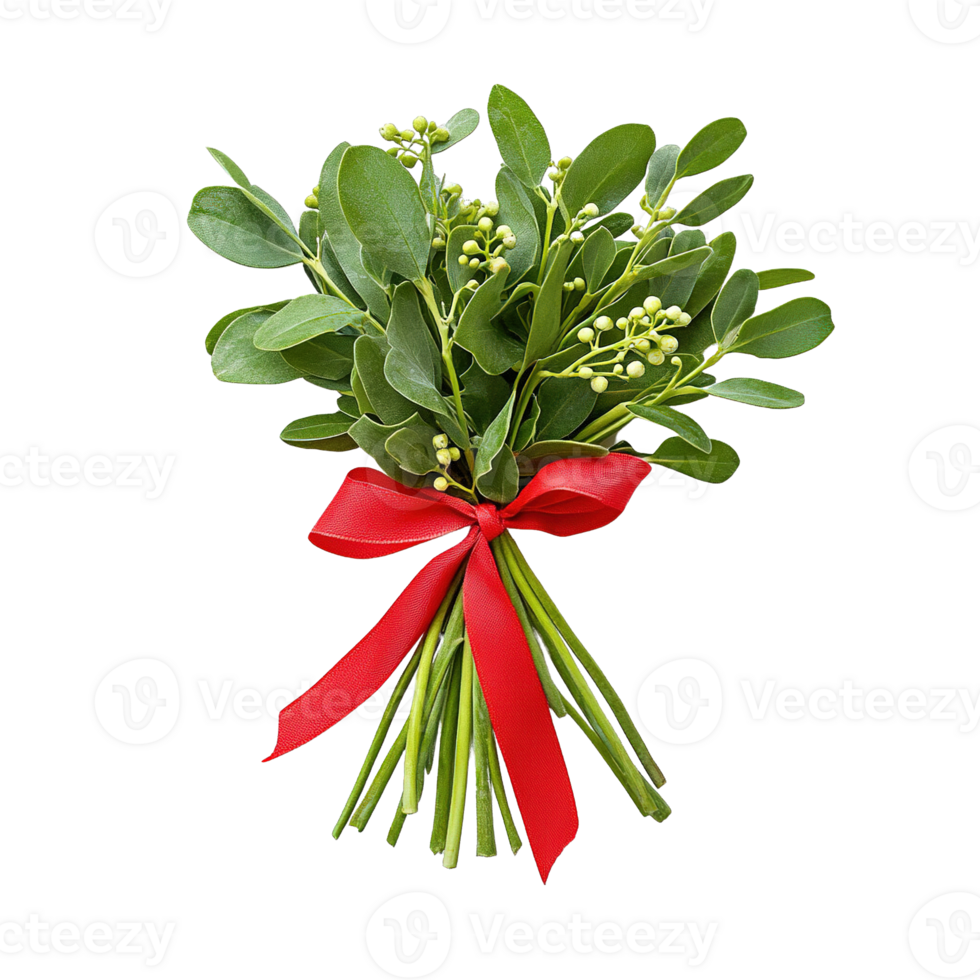 Classic Christmas mistletoe with lush green leaves and bright red ribbon details png