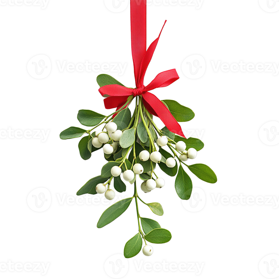 Lifelike mistletoe sprig featuring delicate white berries and cheerful red bow png