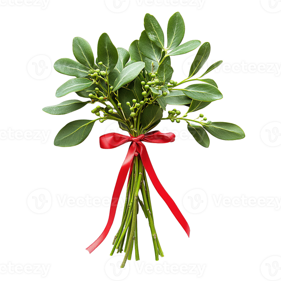 Charming holiday mistletoe bouquet tied with ribbon isolated on transparent background png