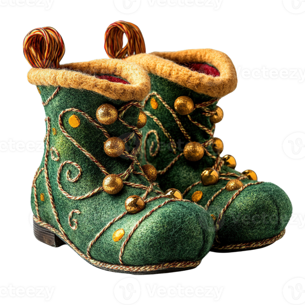 Festive holiday elf footwear featuring detailed stitching and gold bell ornament png
