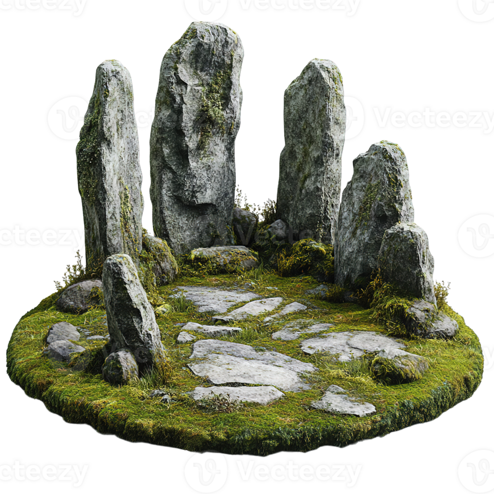 Sacred Stone Circle Archaeological Site Model Replica with Mossy Ground and Vertical Stone png