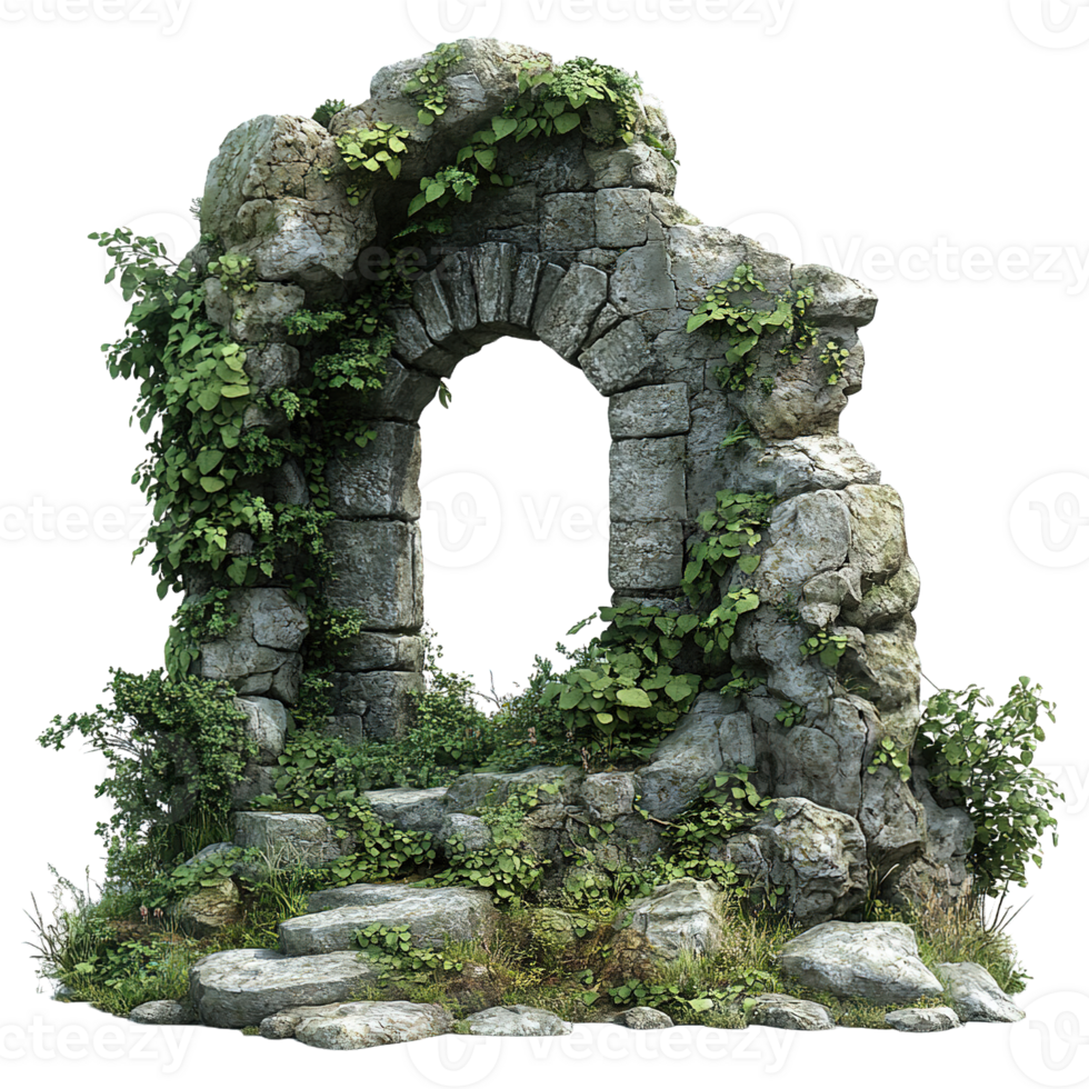 Weathered Ancient Stone Archway with Green Creeping Vines png