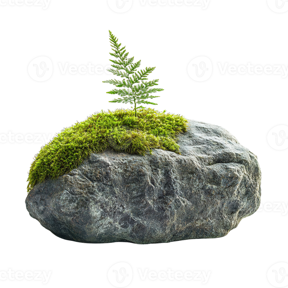 Moss-Covered Rock Featuring Delicate Fern Sprouts Growing on Transparent Background png