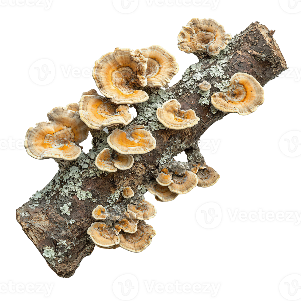 Organic Mushroom Growth on Dead Wood with White Lichen png