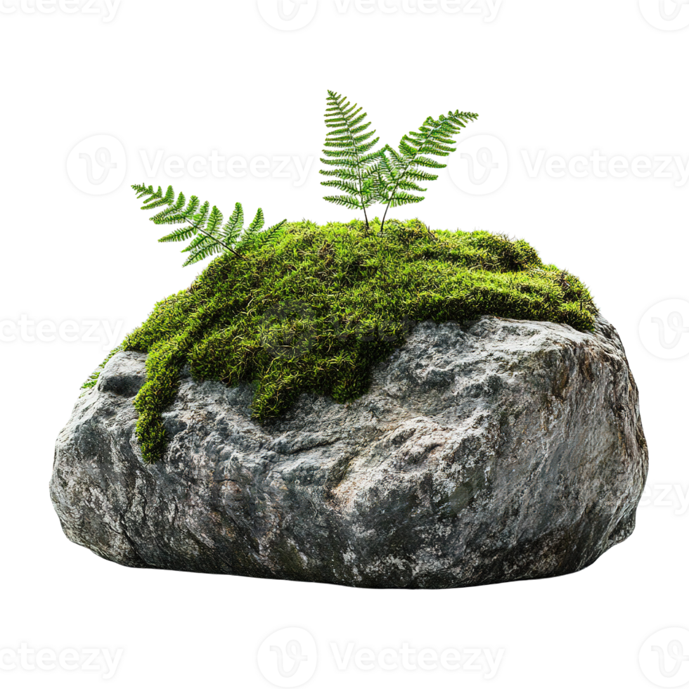 Rugged Rock Draped in Soft Green Moss with Young Ferns Sprouting png